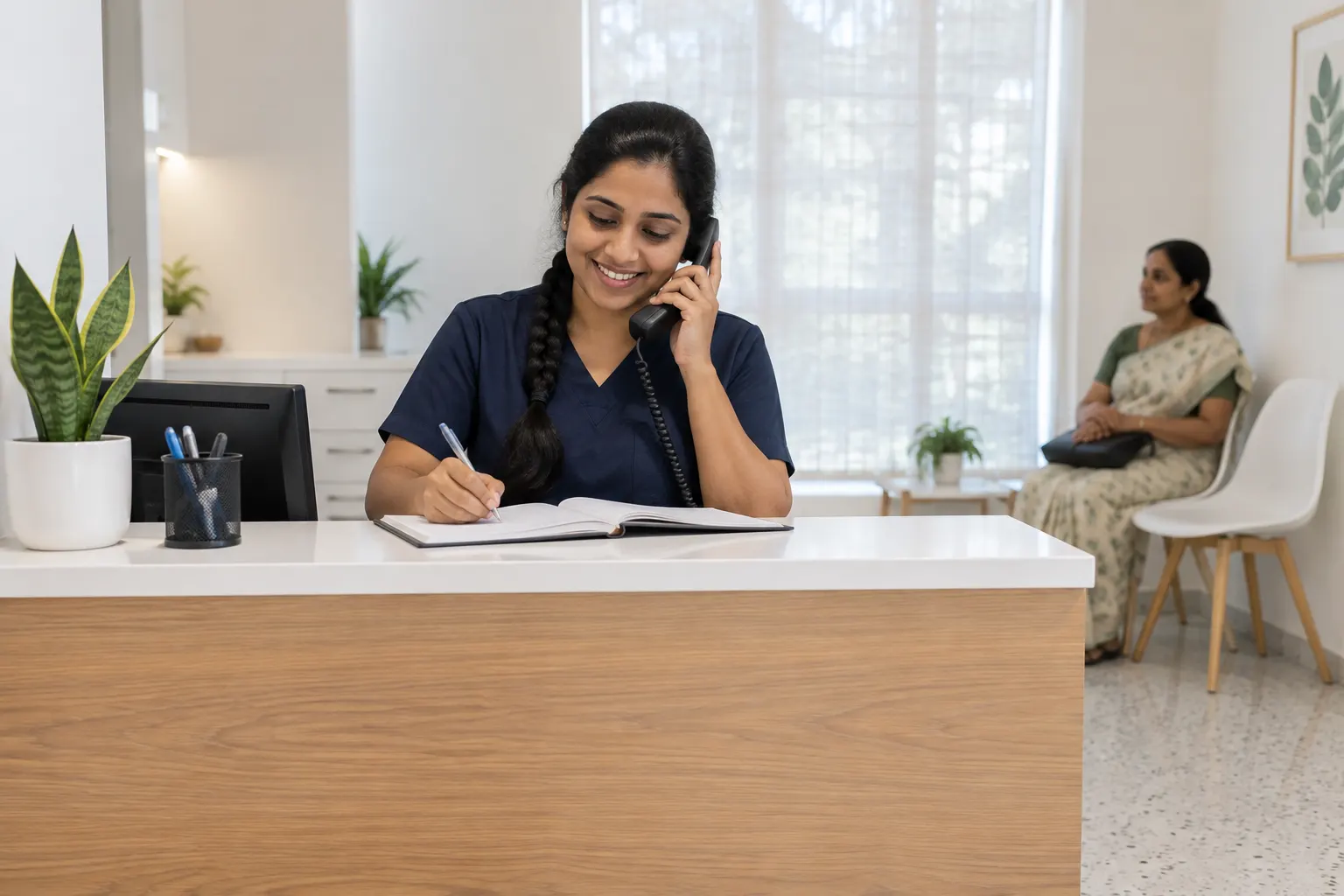 A receptionist booking an appointment by phone