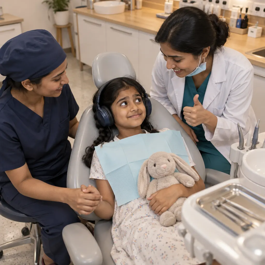 A dental assistant holding a nervous child’s hand