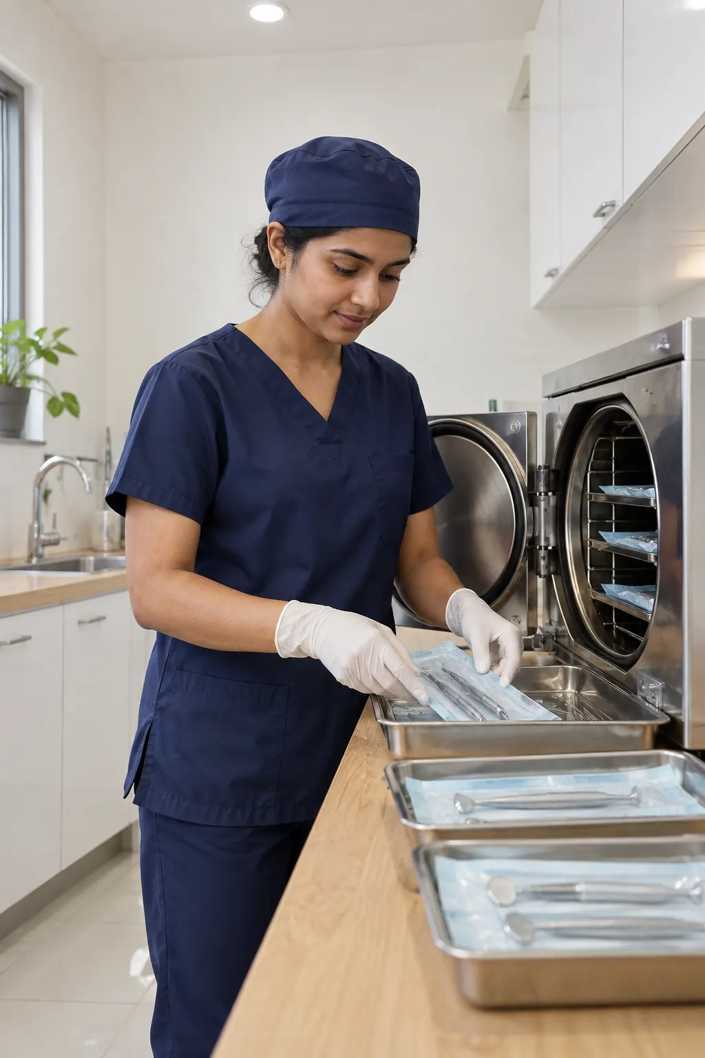 A dental assistant sterilising instruments