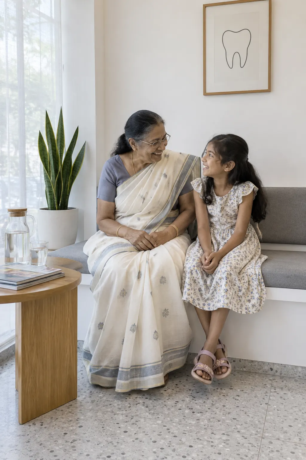 A grandmother and granddaughter in the waiting area